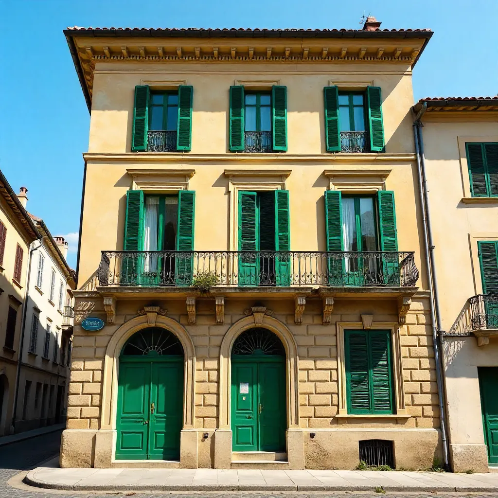 Classic European Facade with Prominent Green Shutters