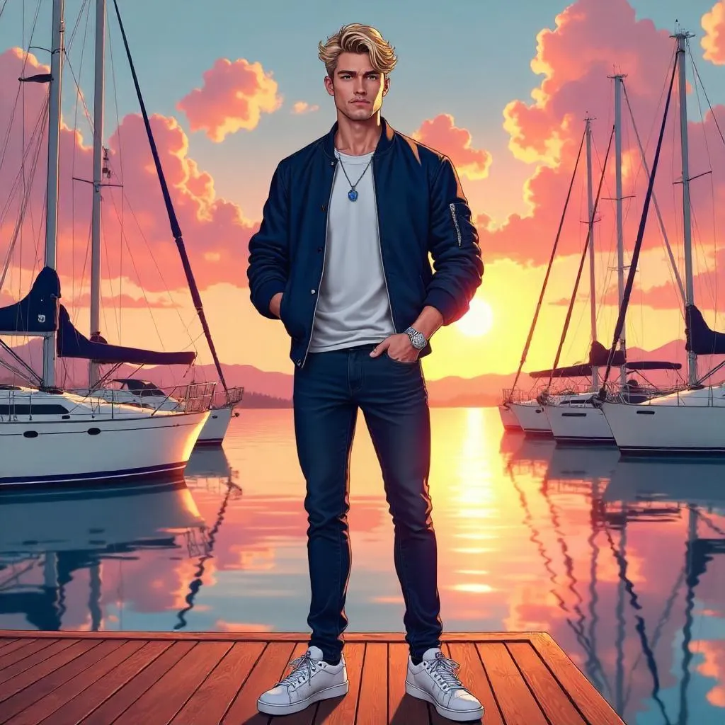 Stylish Anime Man at the Marina