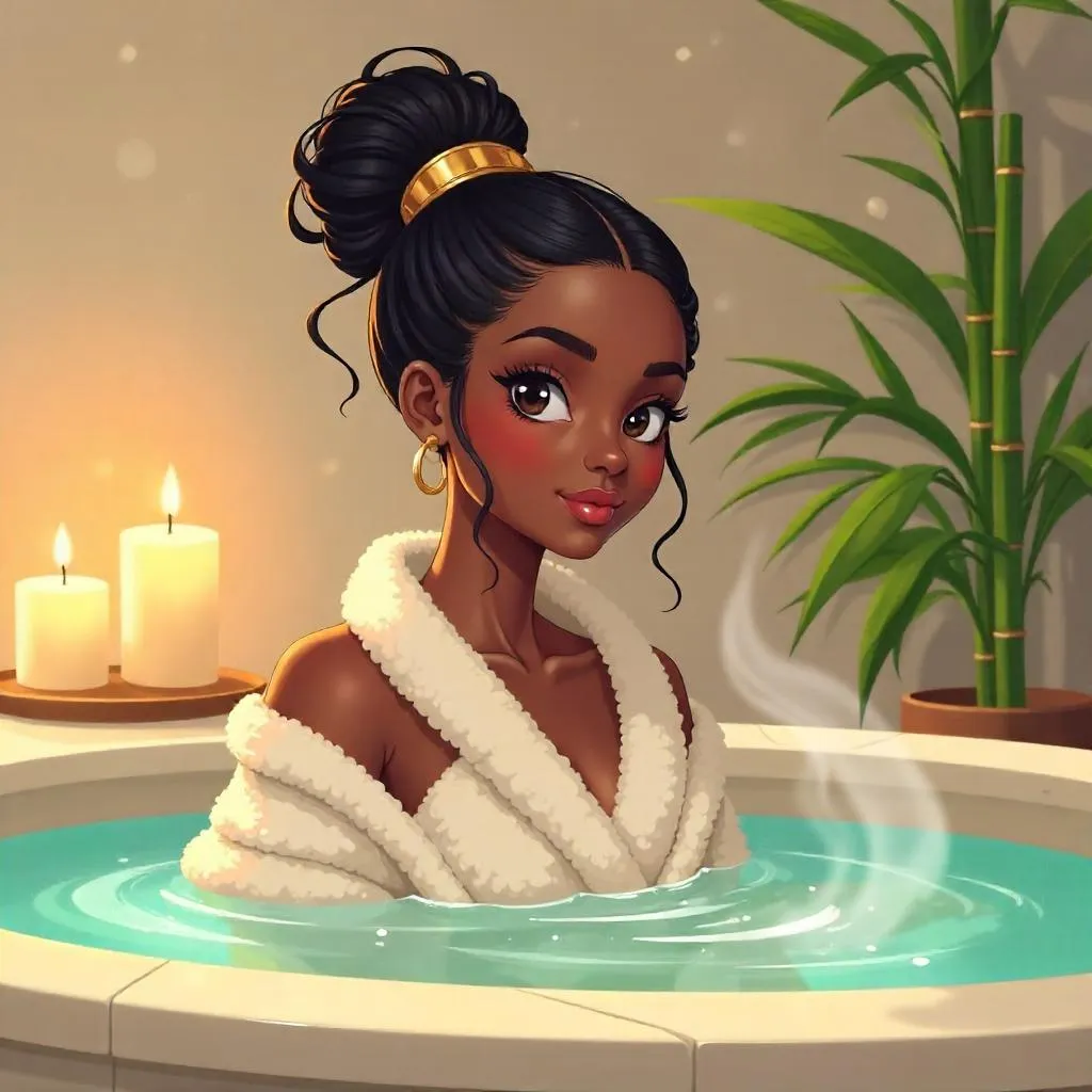 Stylish Black Anime Girl in a Tranquil Spa