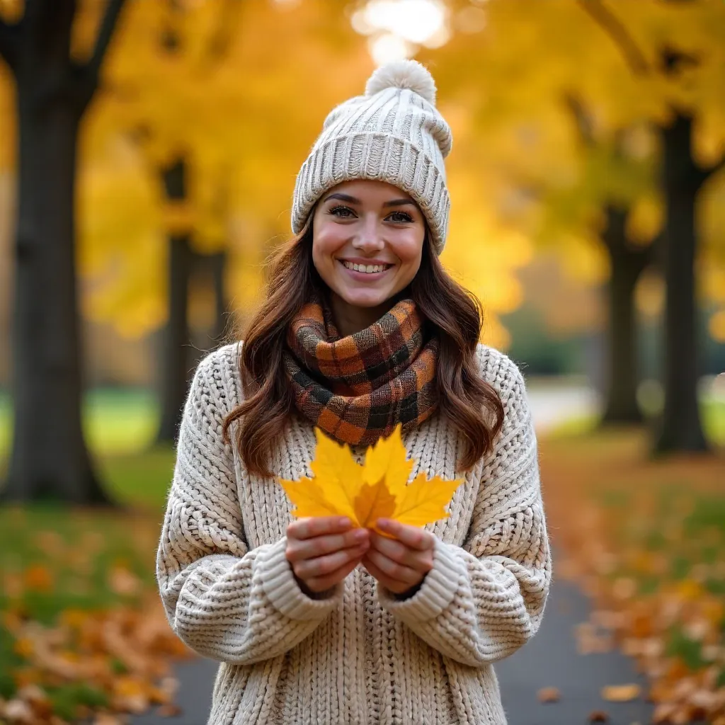 Smiling Woman in Cozy Fall Attire with Yellow Leaves