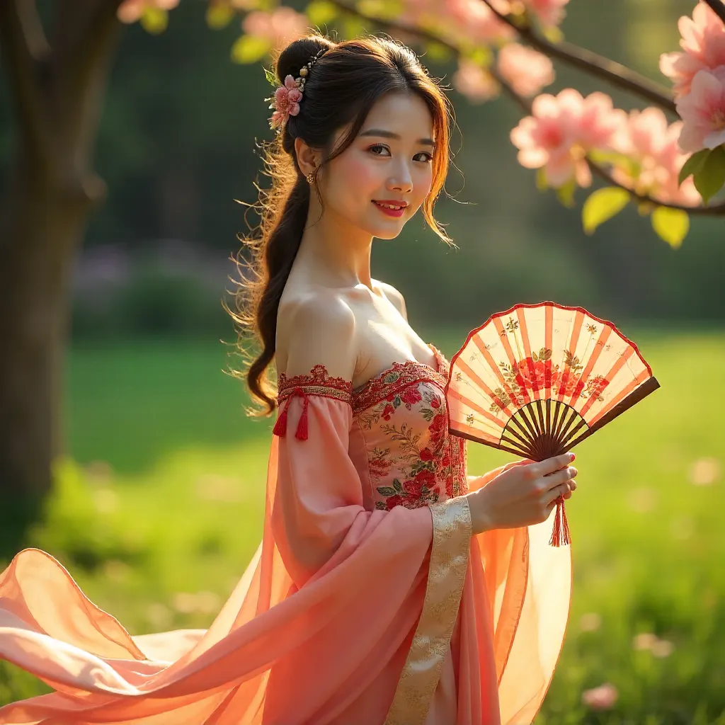 Sunny Day Pose in Traditional Attire with Fan