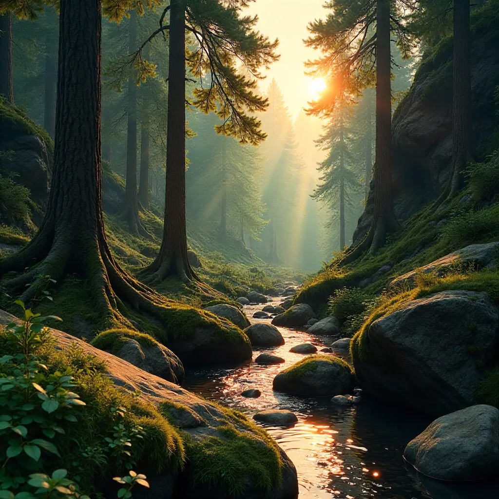 Golden Sunlit Forest and Rocky Formations