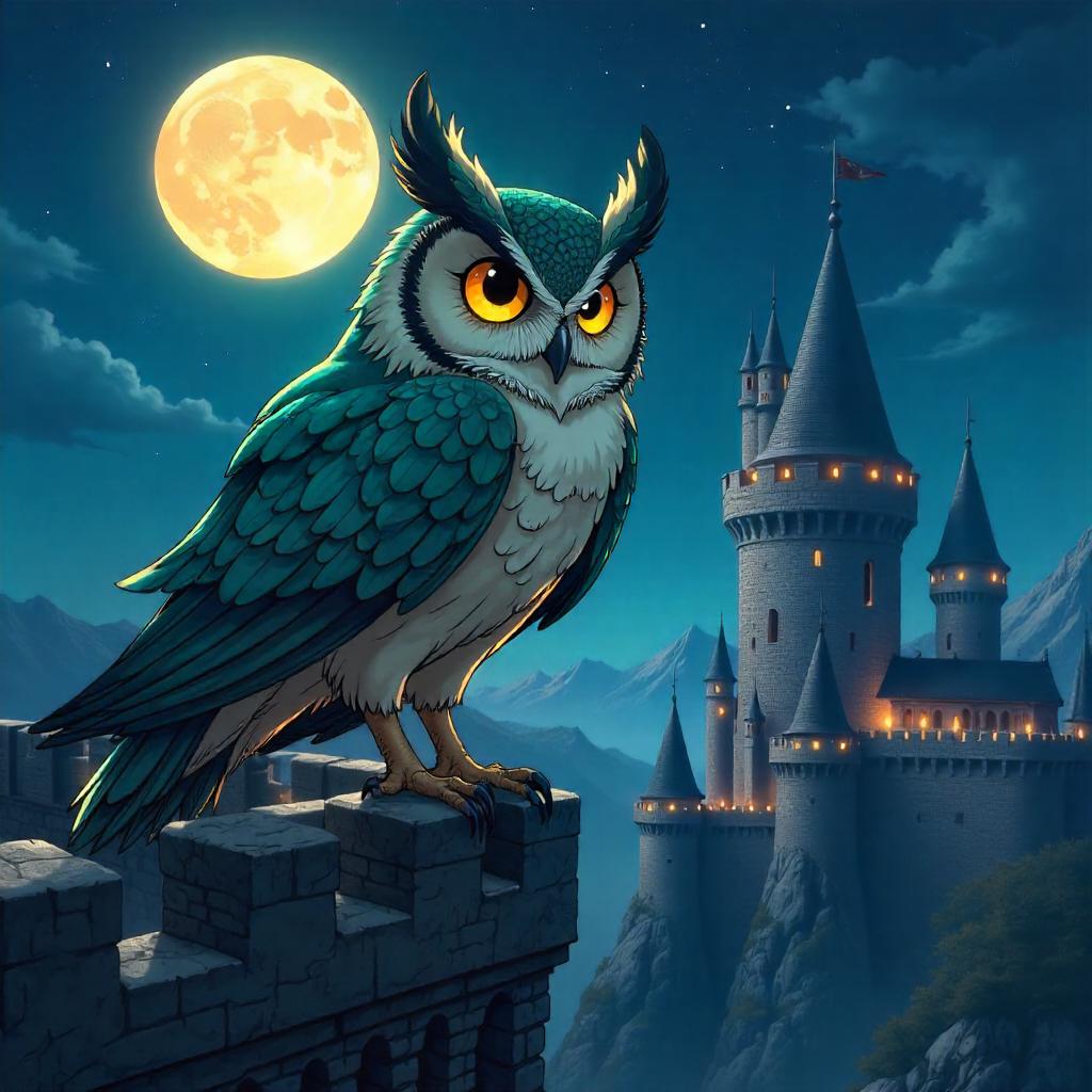 Moonlit Anime Owl Perched on Castle Battlements