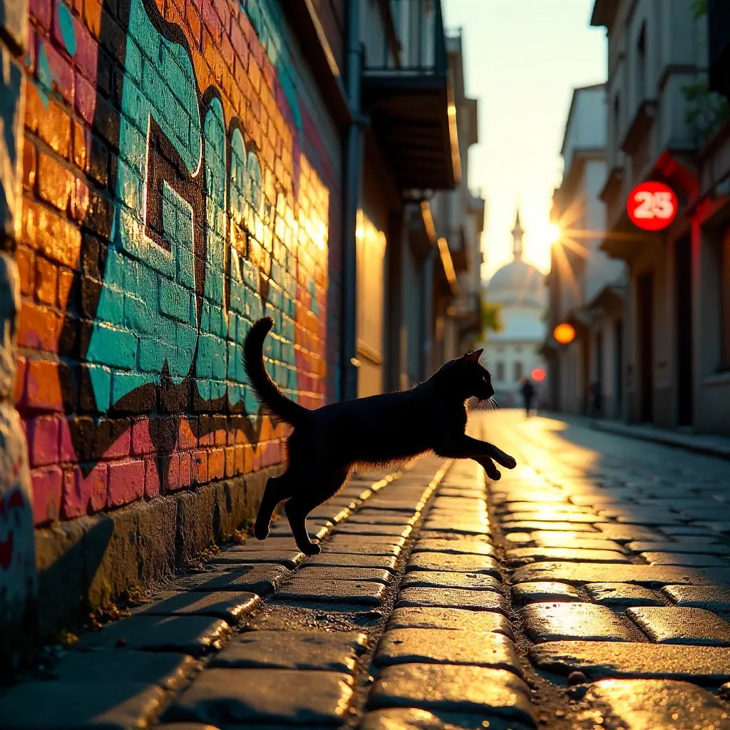 Leaping Black Cat Against Istanbul Graffiti Wall