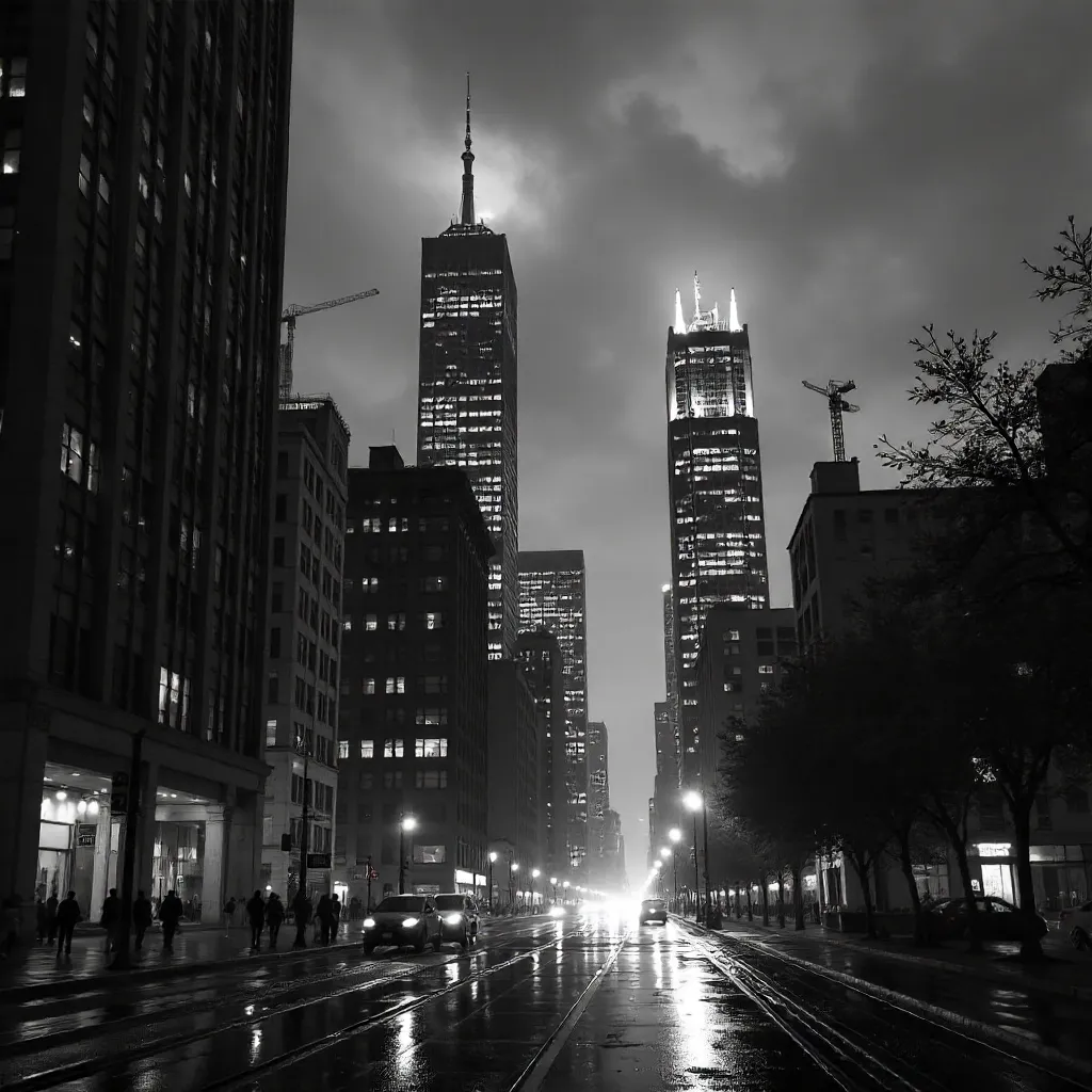 Twilight Noir: Dense Skyscrapers in Mono Cityscape
