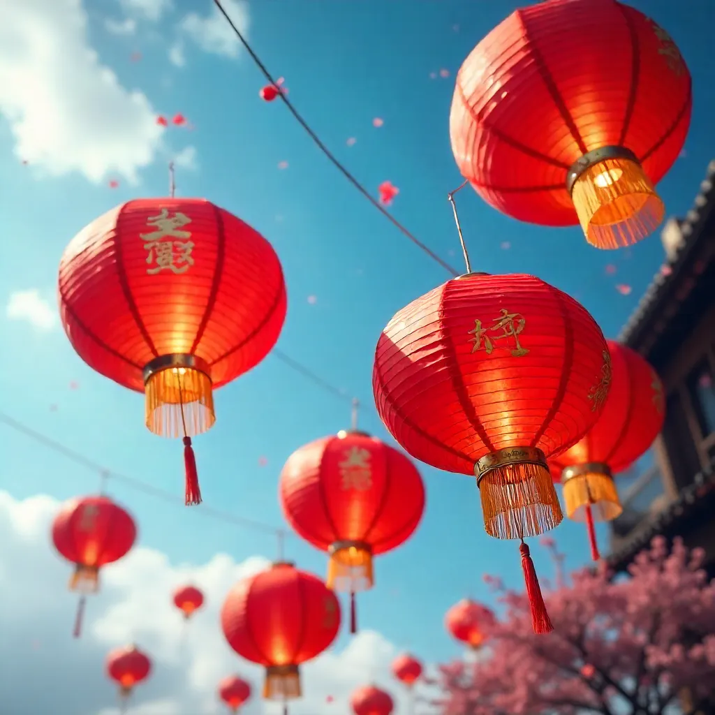 Red Lanterns Drifting in a Festive Blue Sky
