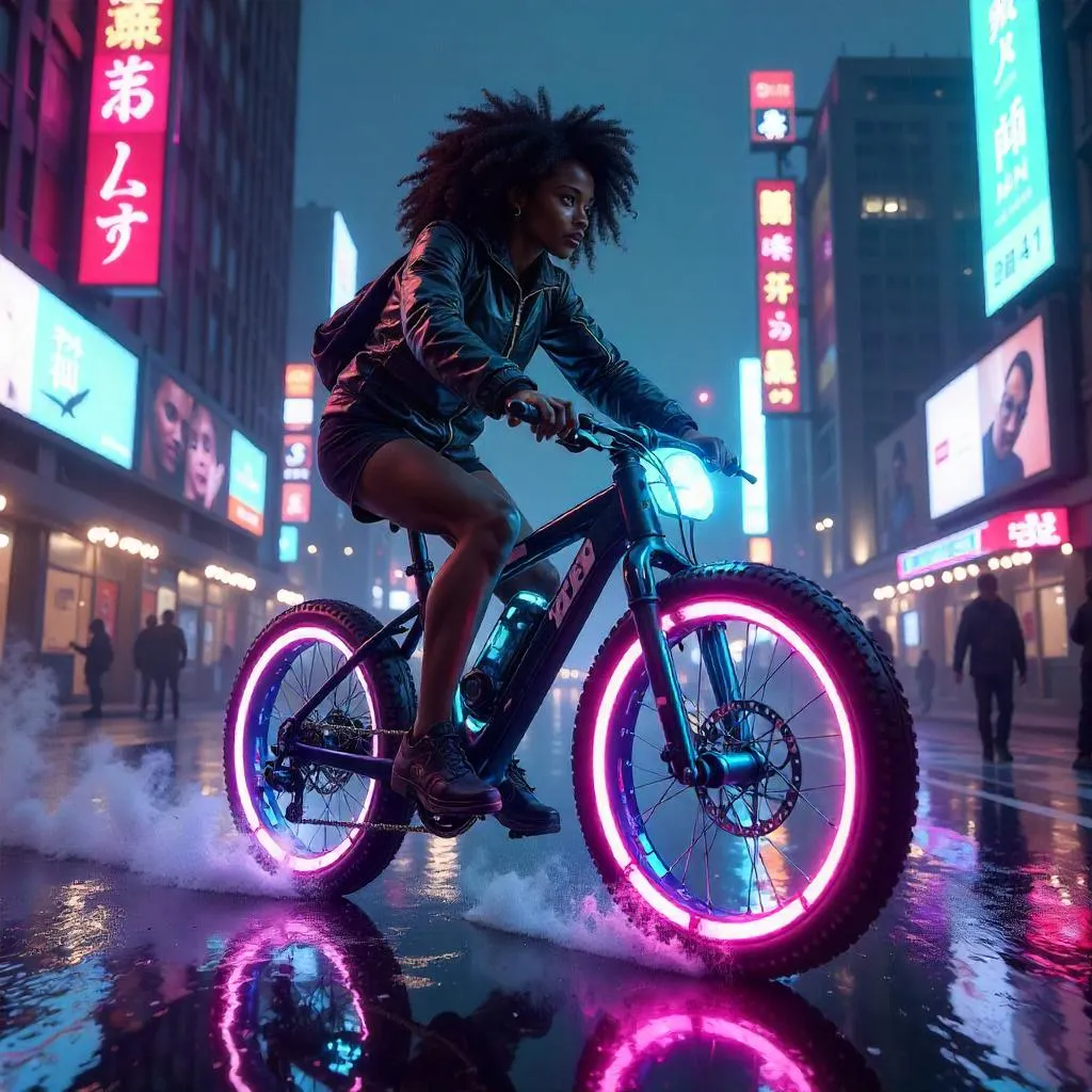 Neon Night Ride: Cyberpunk Bicycle Heroine