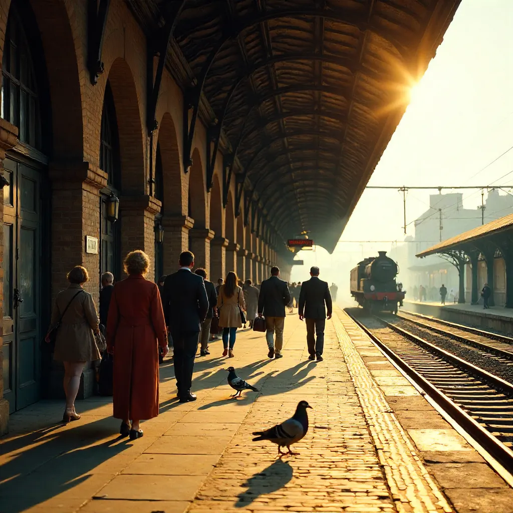 Sunlit Arched Platform: A Group Walks Historic Rails