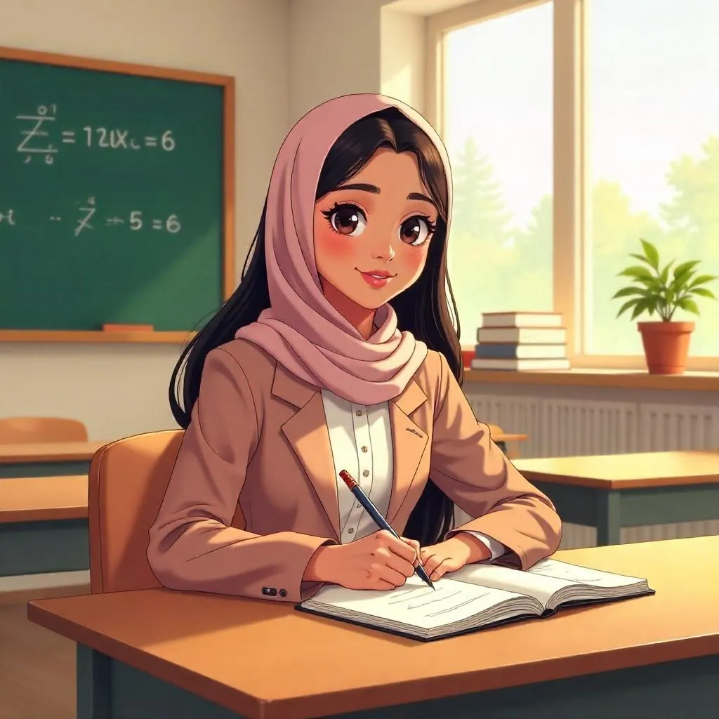 Anime-Style Middle Eastern Student in a Classroom