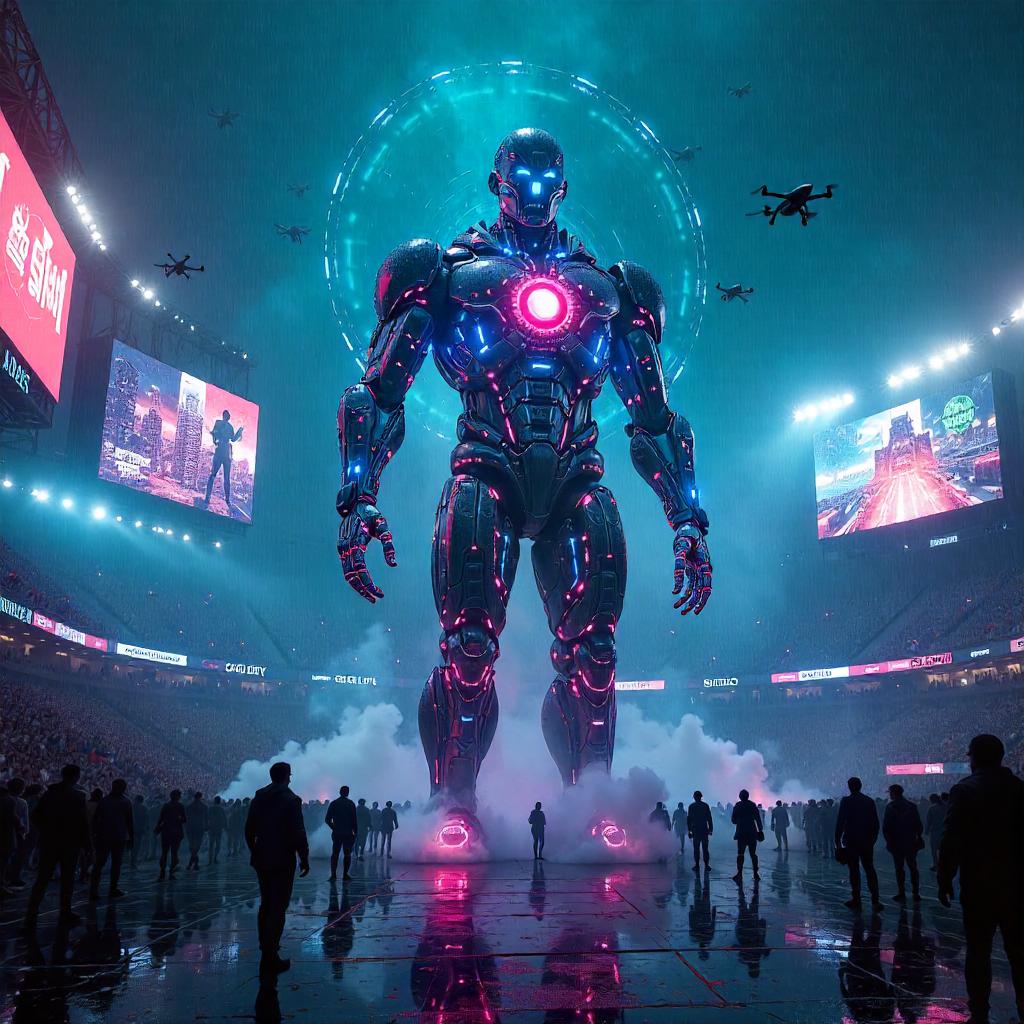 AI Construct Ascends Over a Neon Cyberpunk Stadium