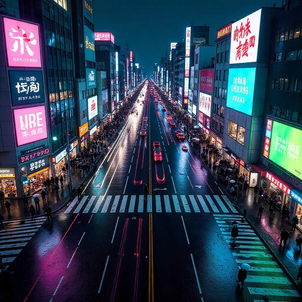 Aerial Night View of Shibuya Crossing, Tokyo