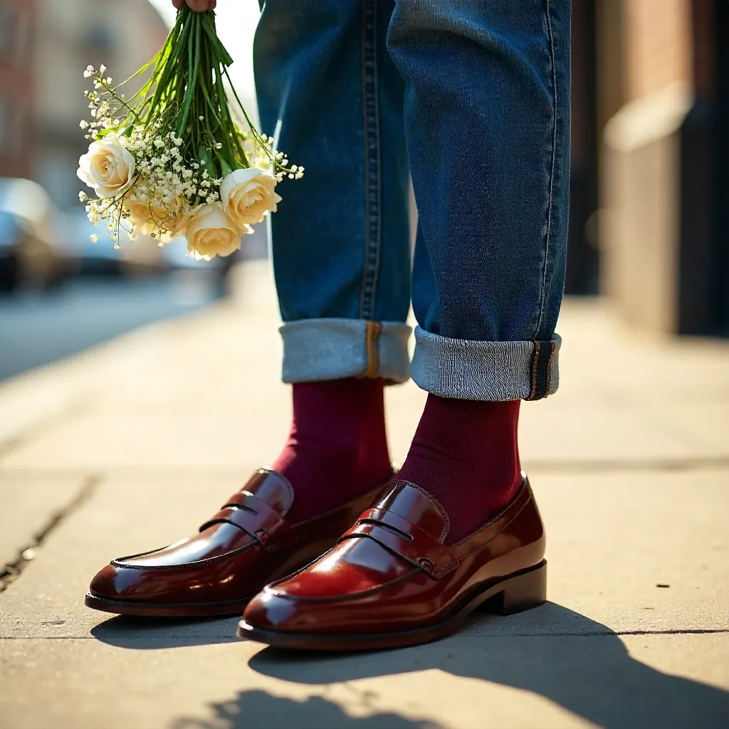 Stylish Look: Glossy Loafers, Maroon Socks & White Flowers