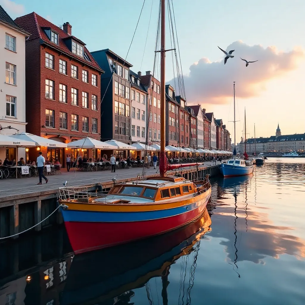 Vibrant Boat by Copenhagen Waterfront at Dusk
