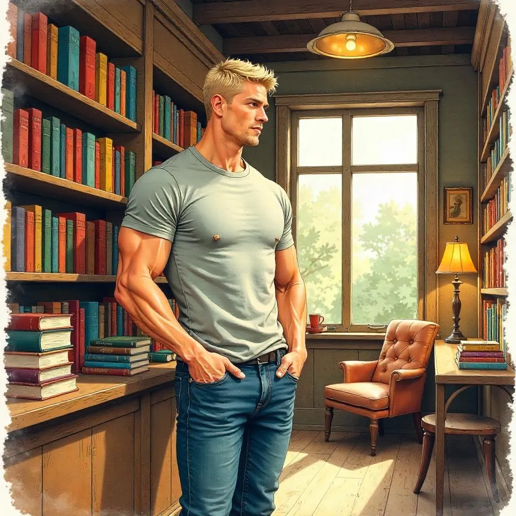 Watercolor Scene: Athletic White Man in a Cozy Bookstore