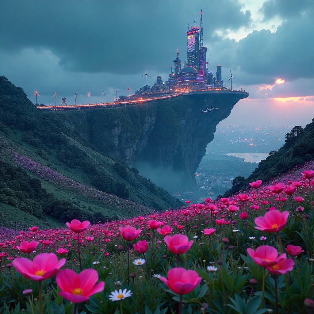 Neon Archipelago Over a Flower Field