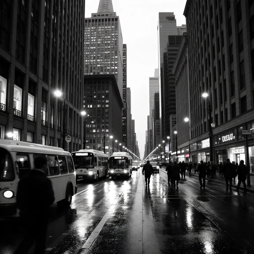 Monochrome Cityscape: Buses and Skyscrapers at Dusk