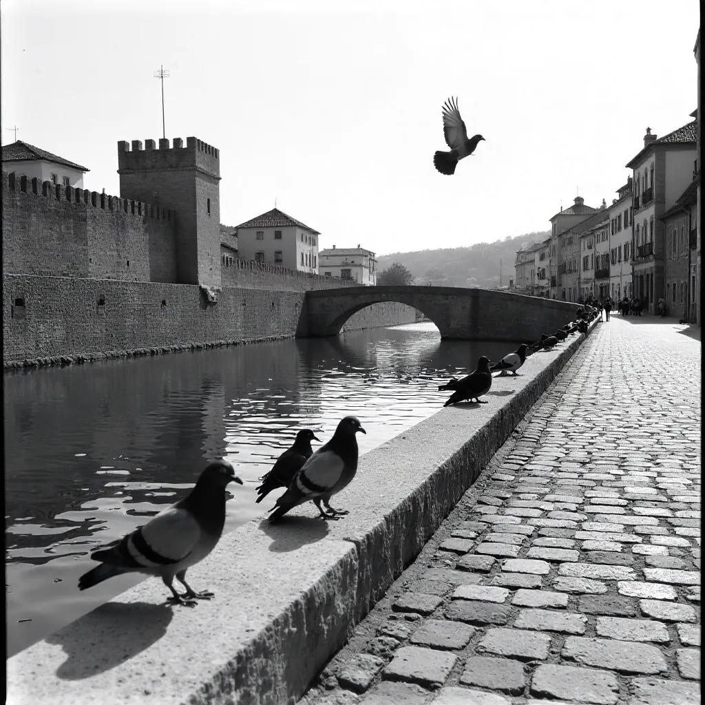 Tomar Riverfront Black and White with Pigeons and Architecture