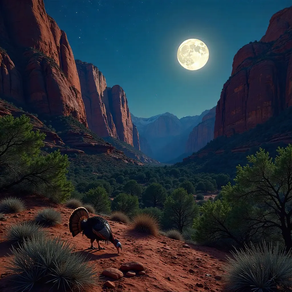 Moonlit Zion: Wild Turkeys on Red Canyon Rocks