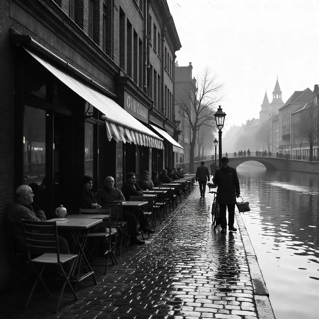 Monochrome Riverside Café with Historic Buildings