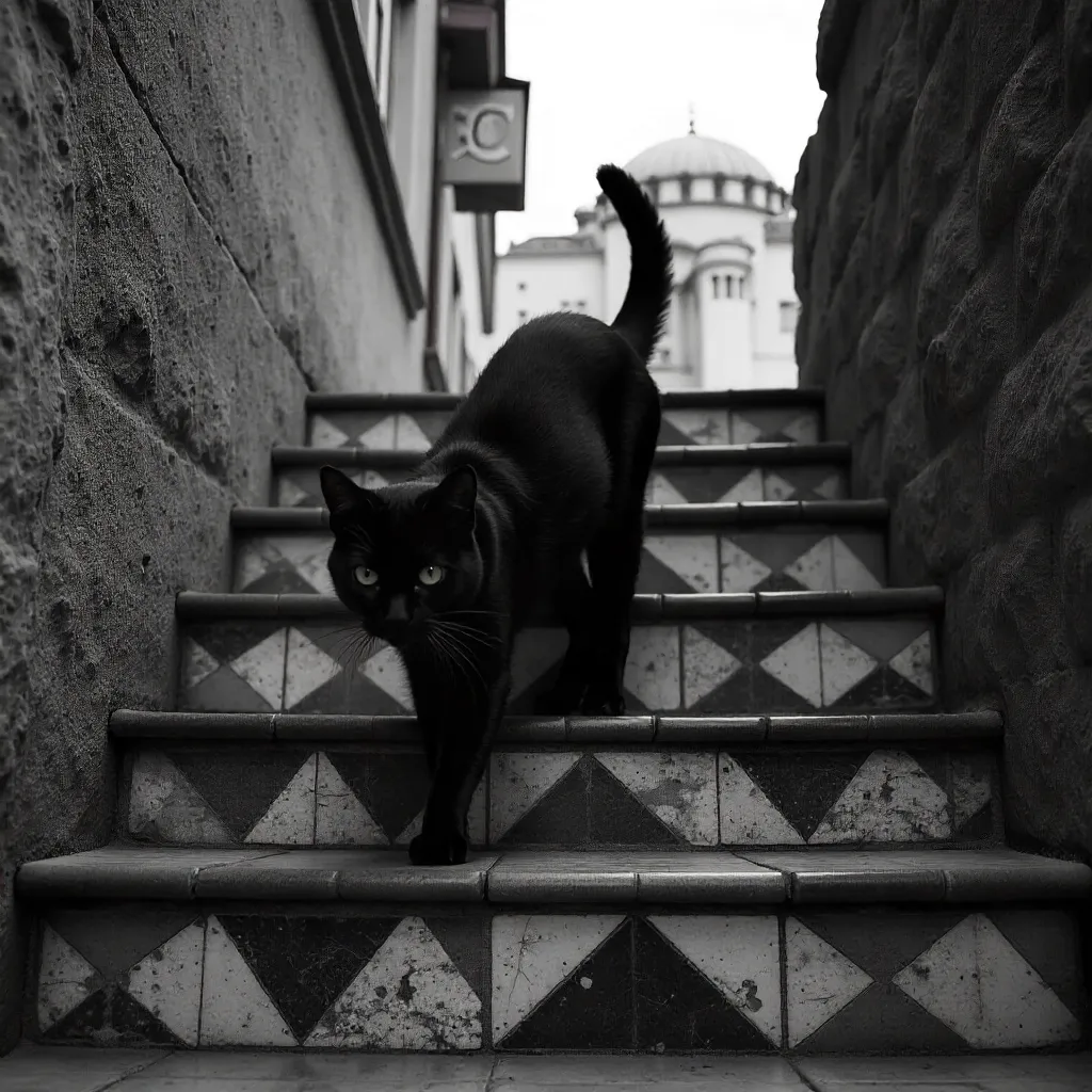 Black Cat on Geometric Stairs in Istanbul