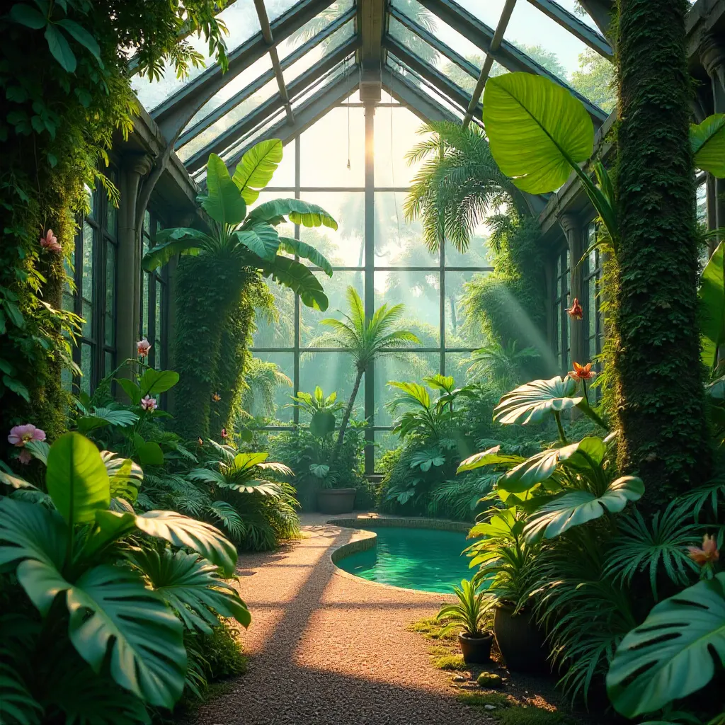 Dense tropical foliage in a sunlit greenhouse