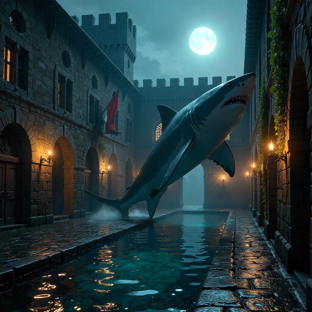 Shark in a Moonlit Castle Courtyard