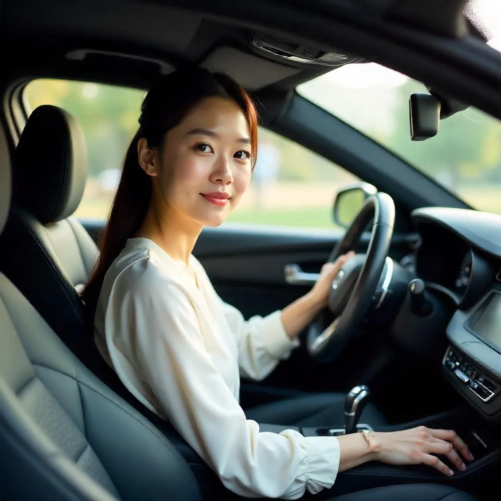 Photorealistic Asian Woman in a Sleek Car Interior