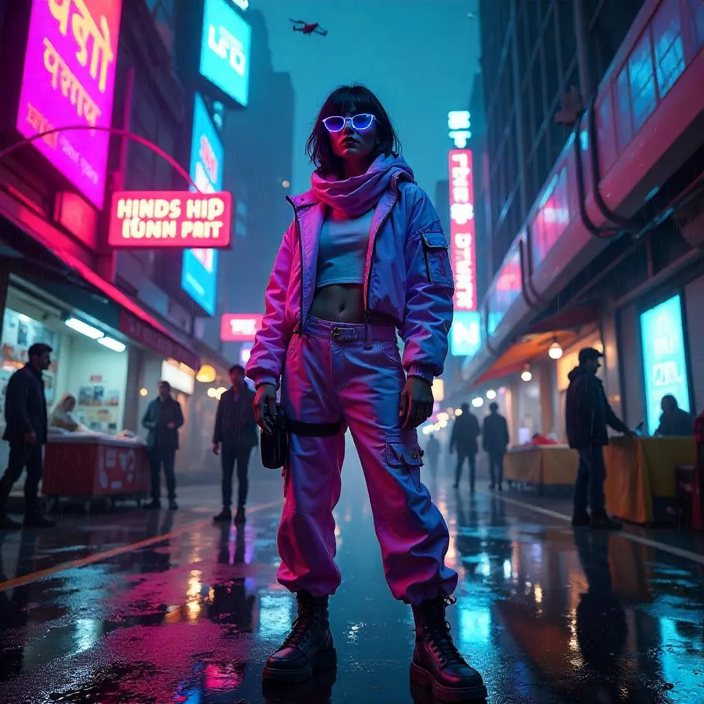 Neon Nights: Indian Woman in Cyberpunk Downtown