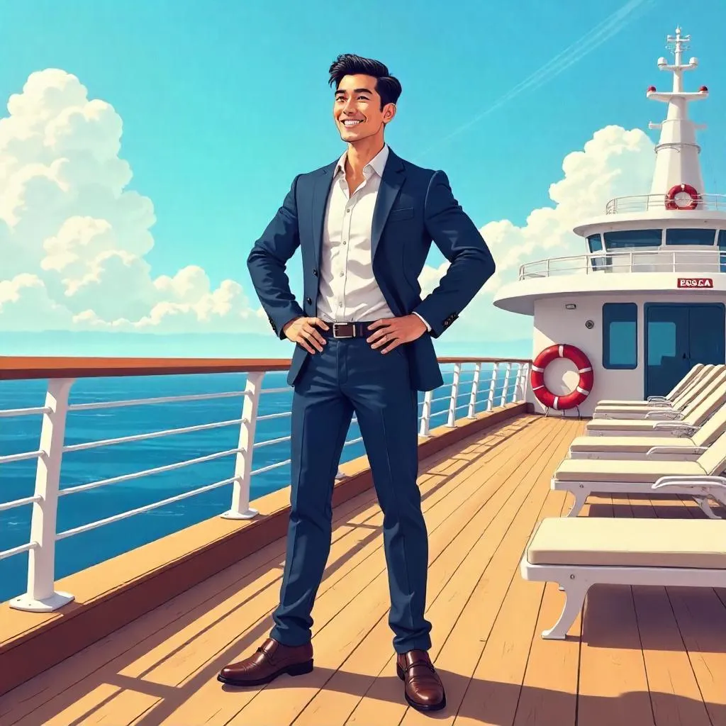 Confident Asian Man on a Cruise Ship - Cartoon Style