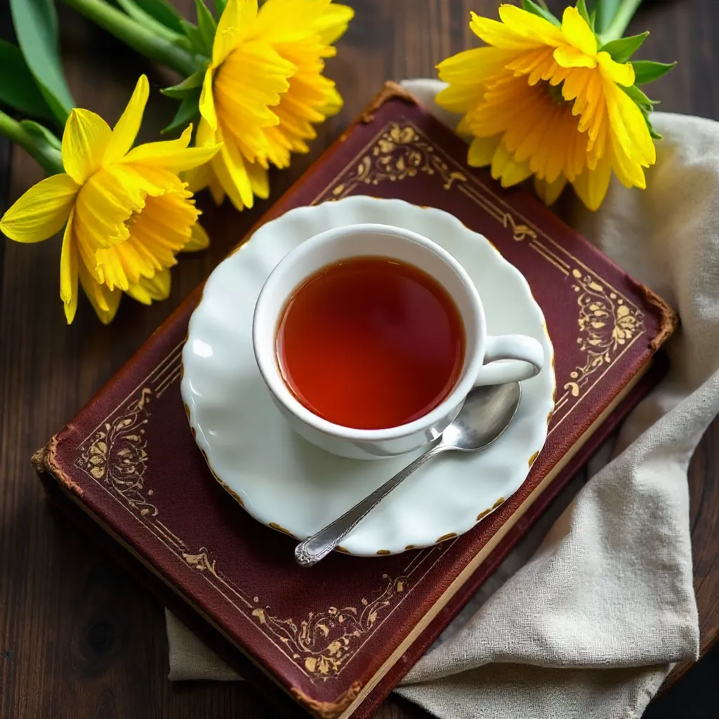 Cozy Tea Flat Lay with Vintage Book and Yellow Flowers