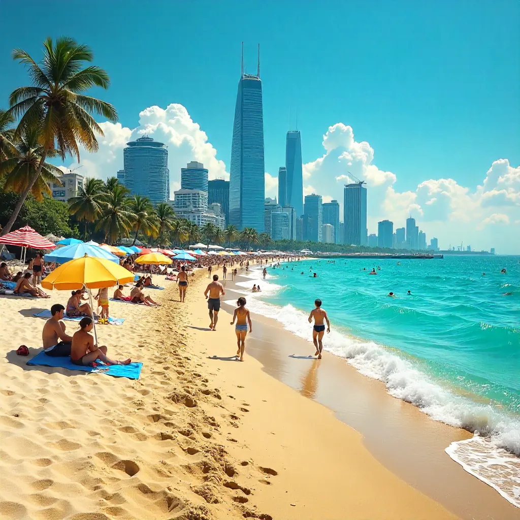 Lively Beachfront with Umbrellas and Skyline