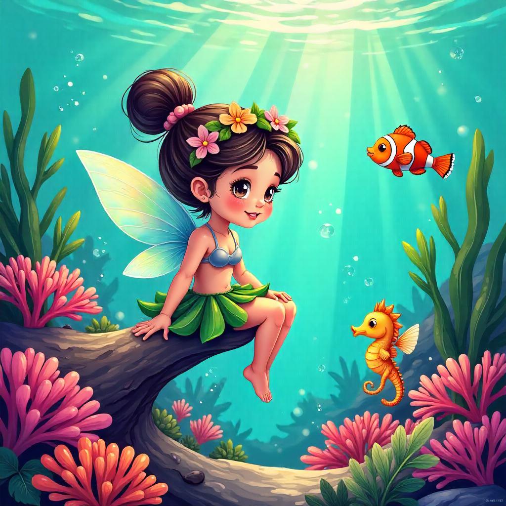 Pixie in a Coral Reef: Cartoon Underwater Scene