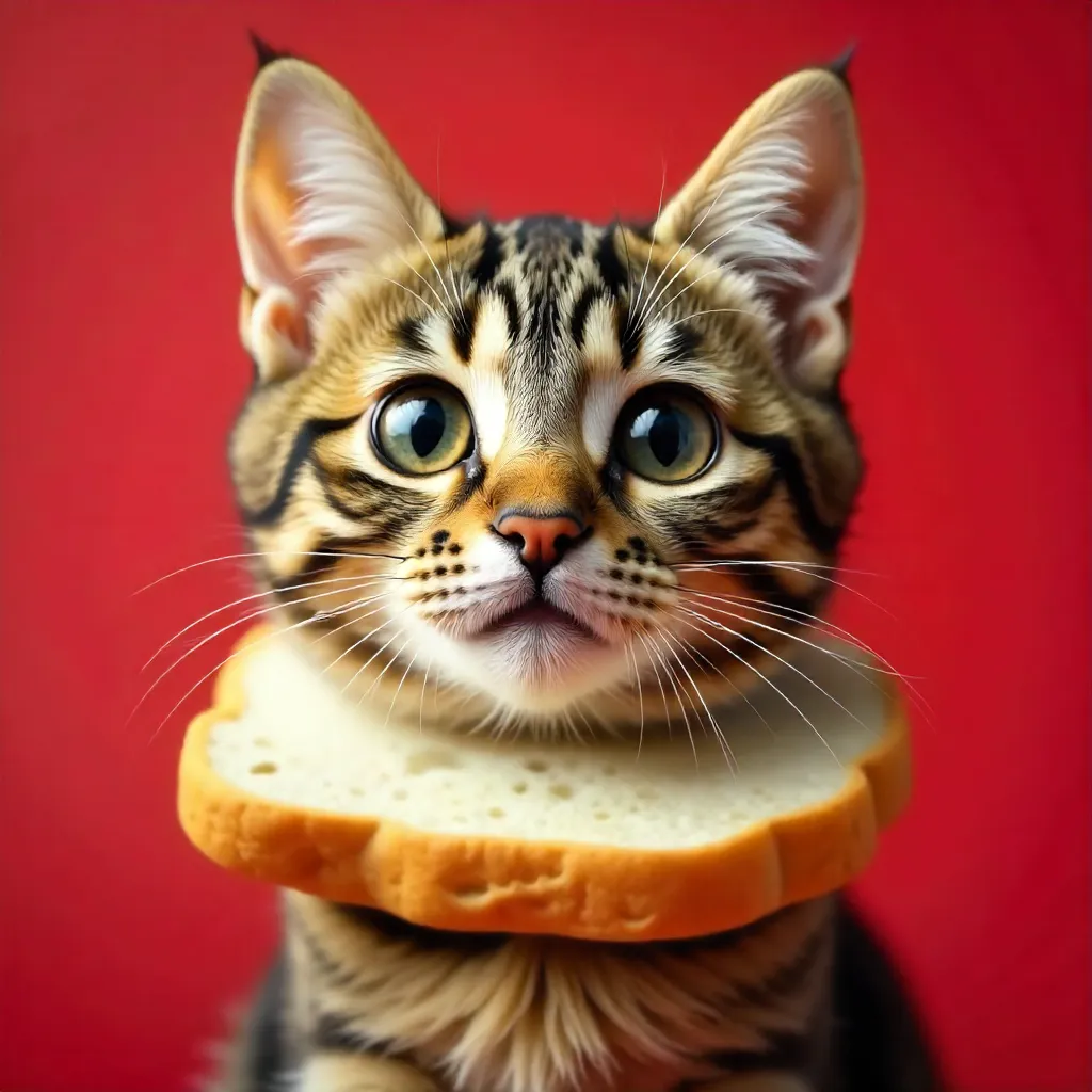 Adorable Tabby Cat with Bread Slice Collar on Red Backdrop