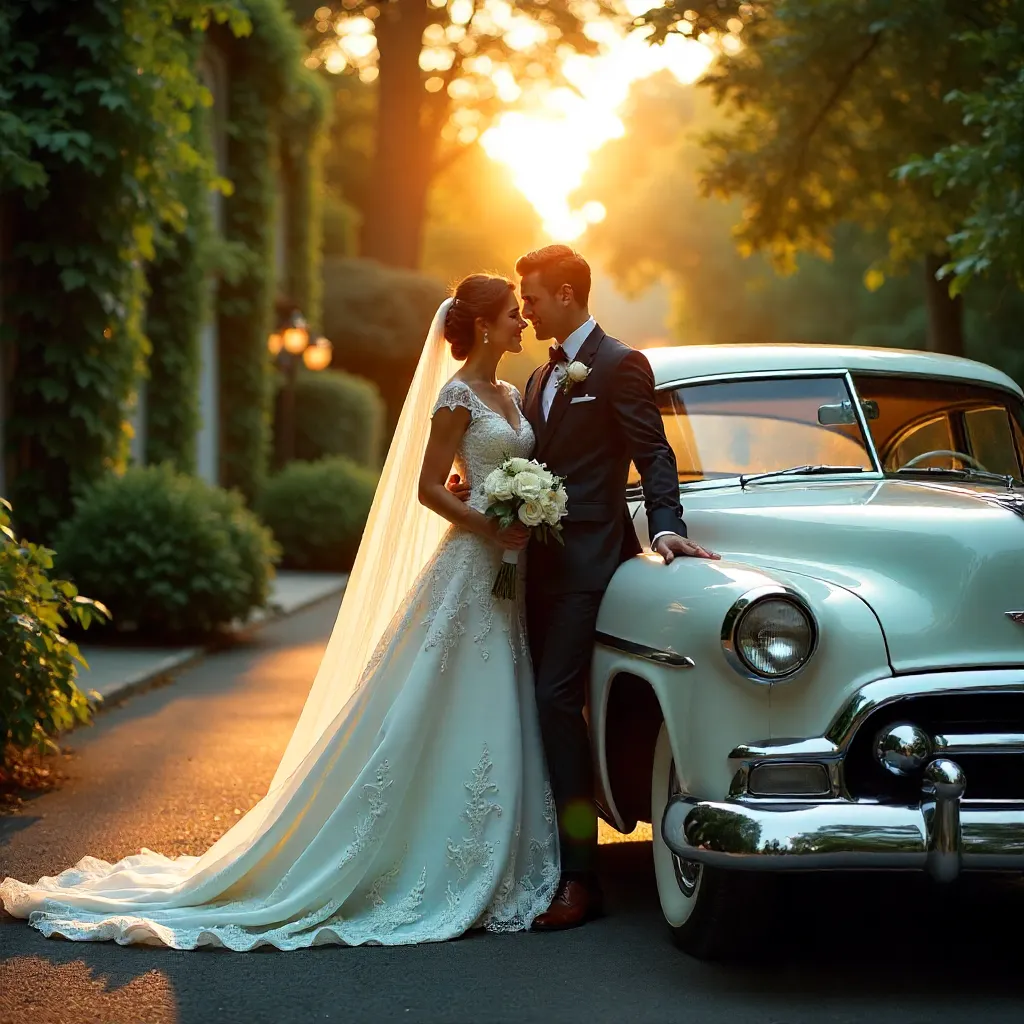 Golden Hour Bride and Groom with a Classic Vintage Car