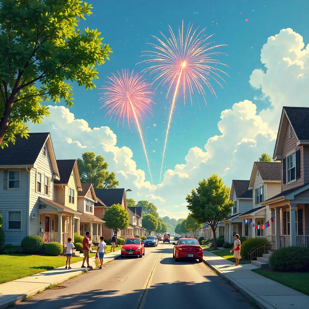 Daytime Suburban Fireworks Over a Cheerful Street