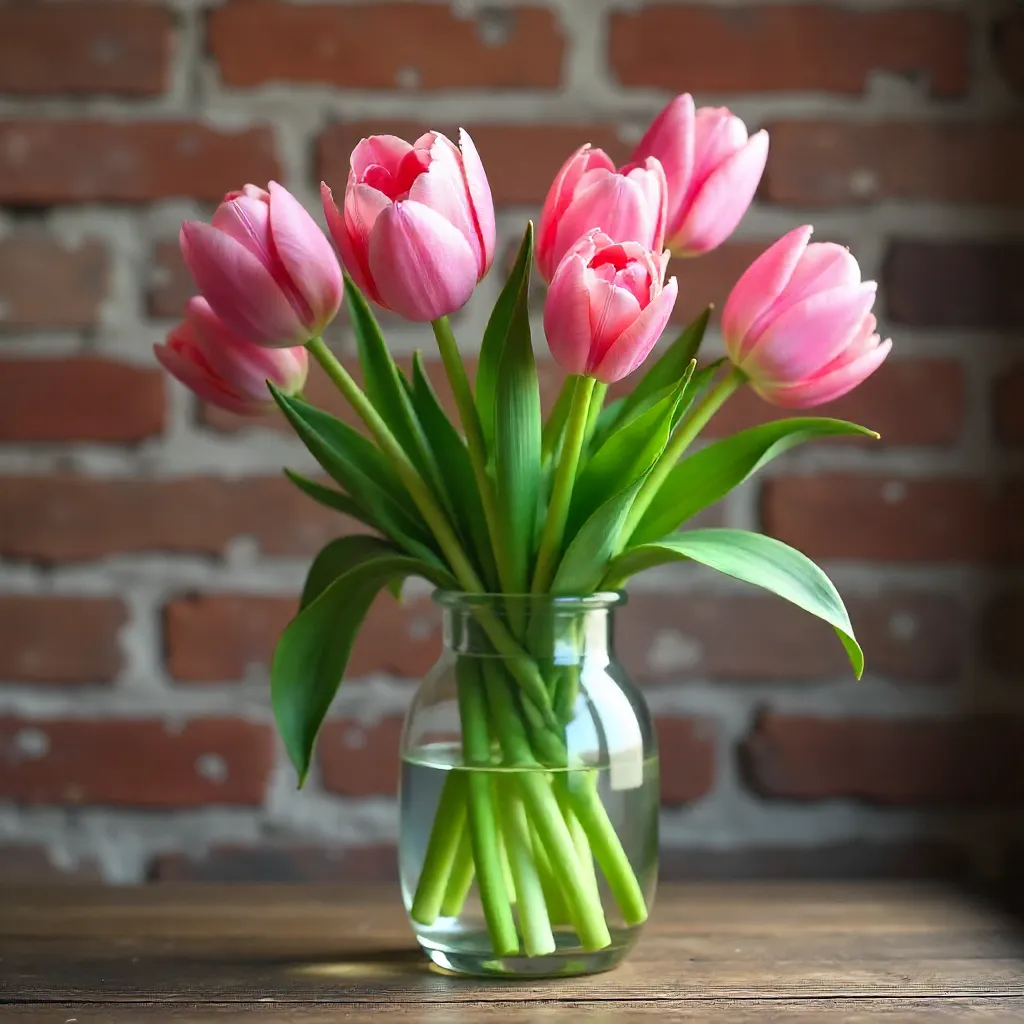 Pink Tulips in Glass Vase Against Rustic Brick Wall