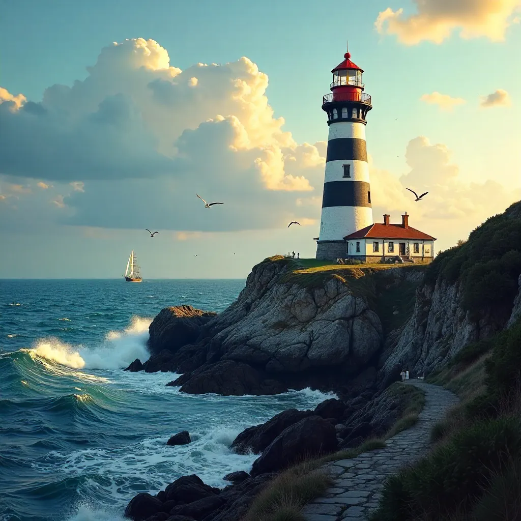 Black-and-White Striped Lighthouse on a Rugged Coast