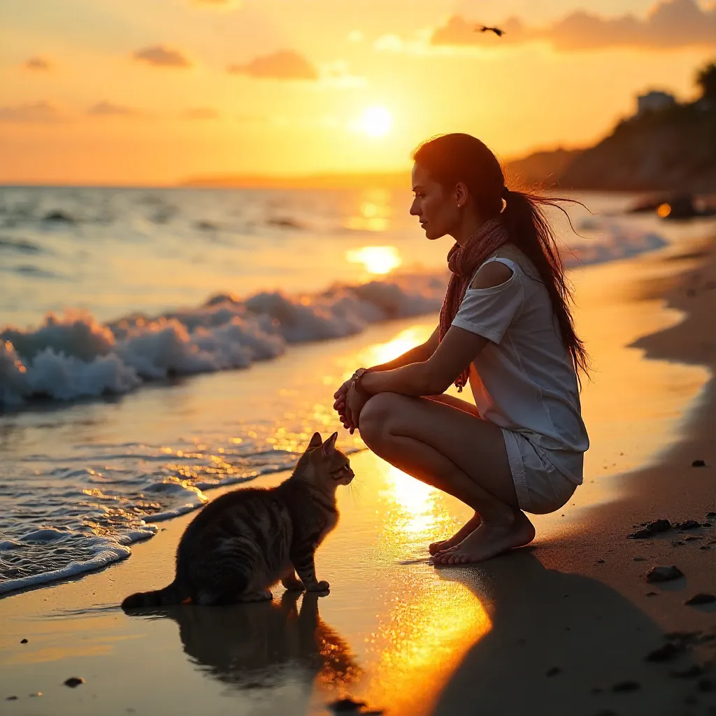 Sunset with a Cat: Woman by the Seaside