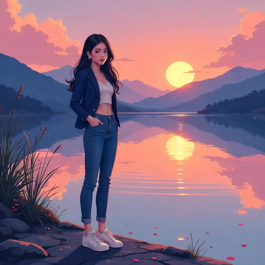 Stylish Asian Woman by a Lake in anime style