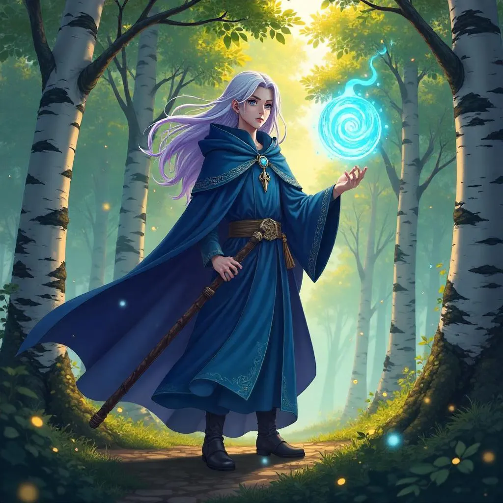Anime Wizard in a Birch Forest: Mystic Dawn