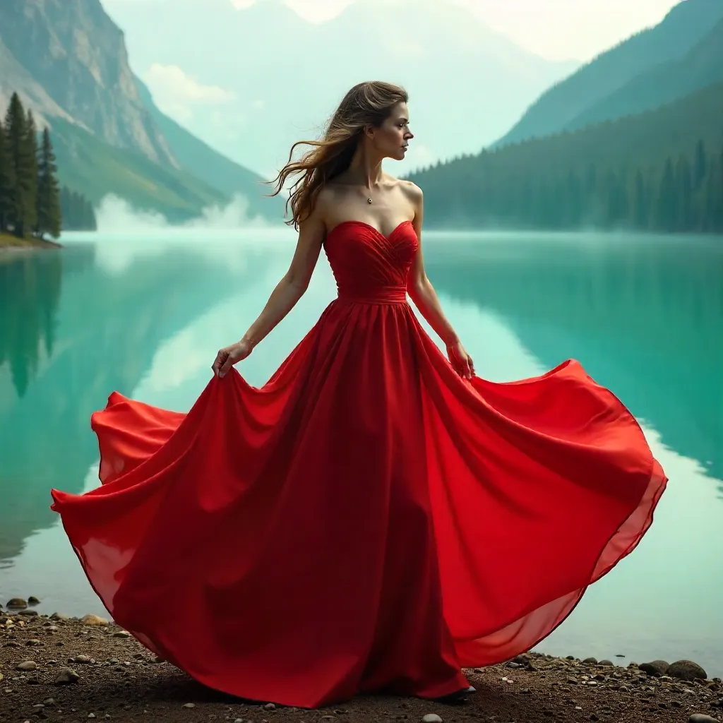 Mist-Kissed Red Dress by Turquoise Lake