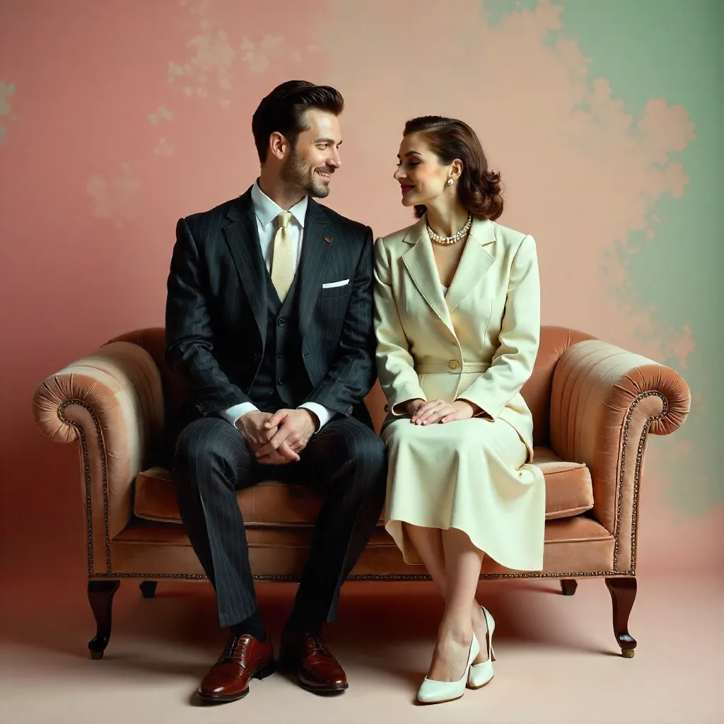 Pastel Vintage Couple Portrait in Elegant Suits