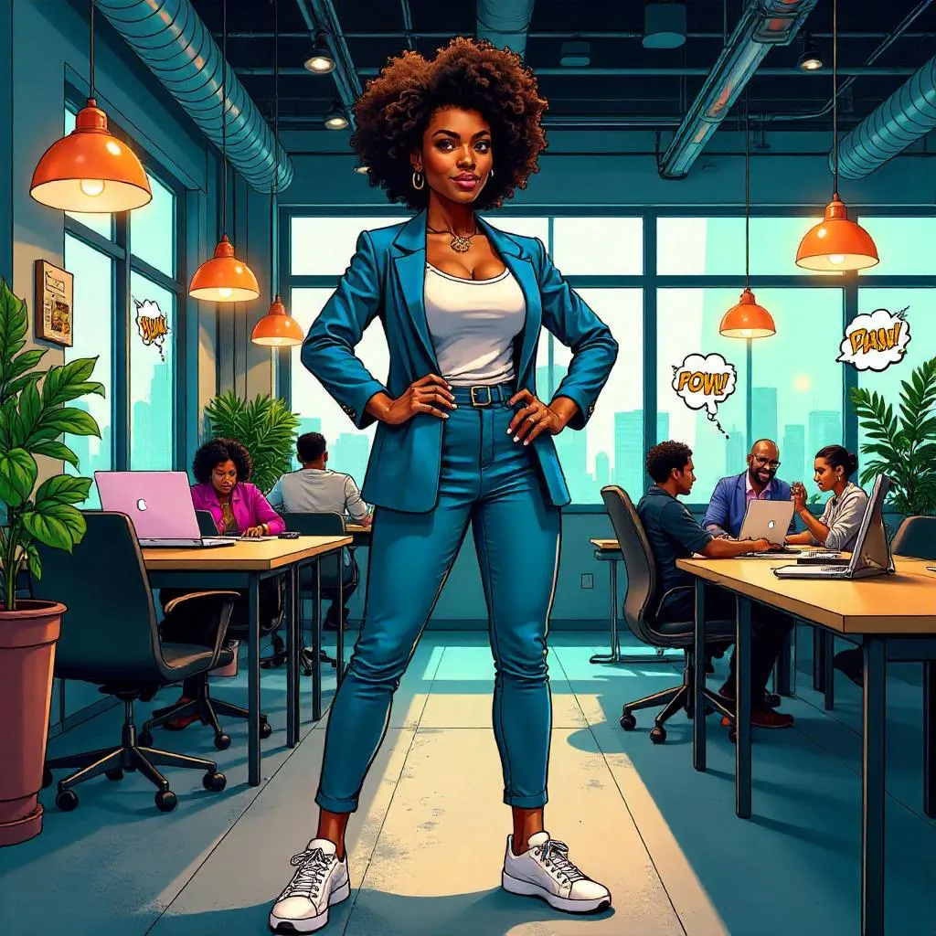 Bold Black Woman in a Comic Coworking Space