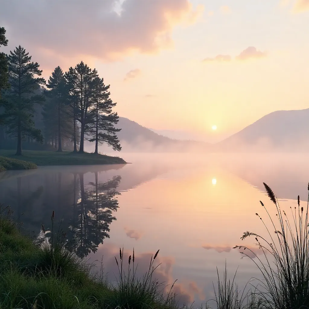 Sunrise Calm: Misty Lake Reflections