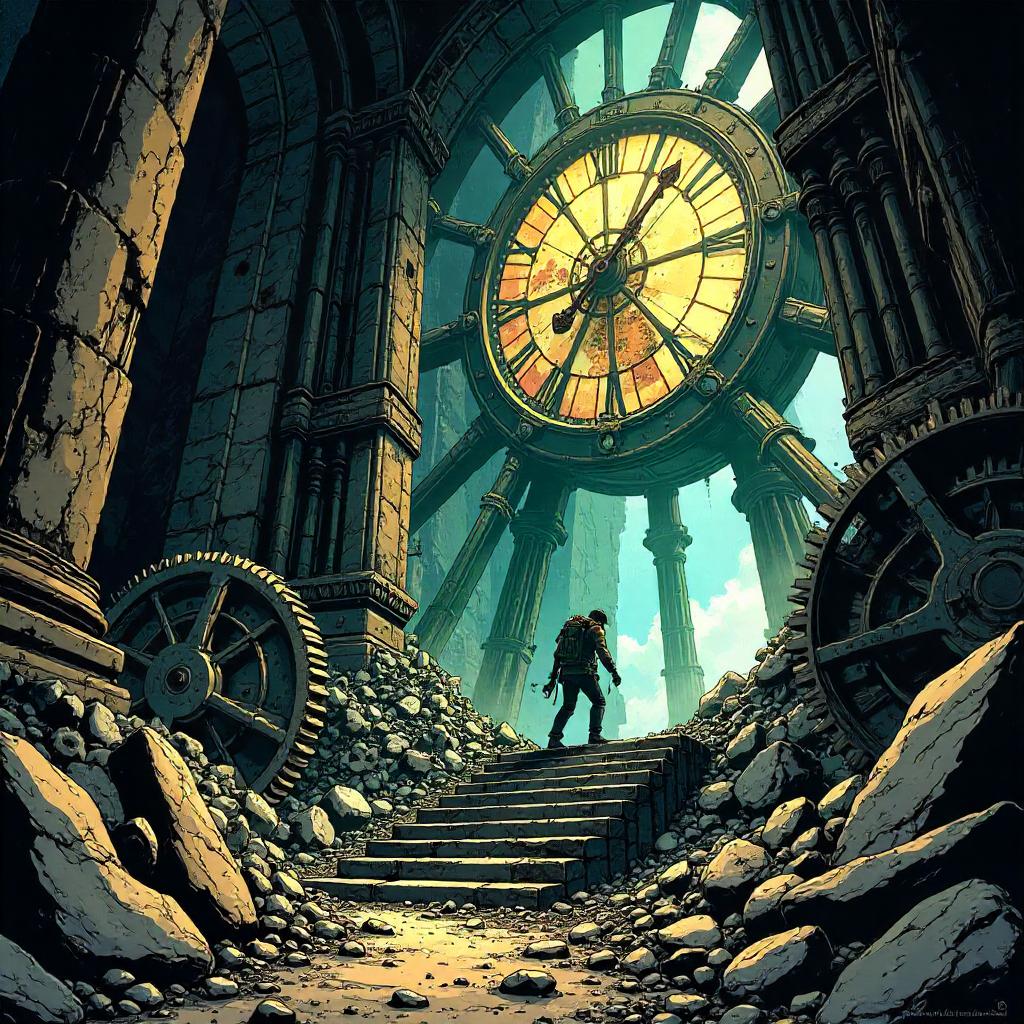 Ruins Inside a Giant Clock Tower in Comic Style
