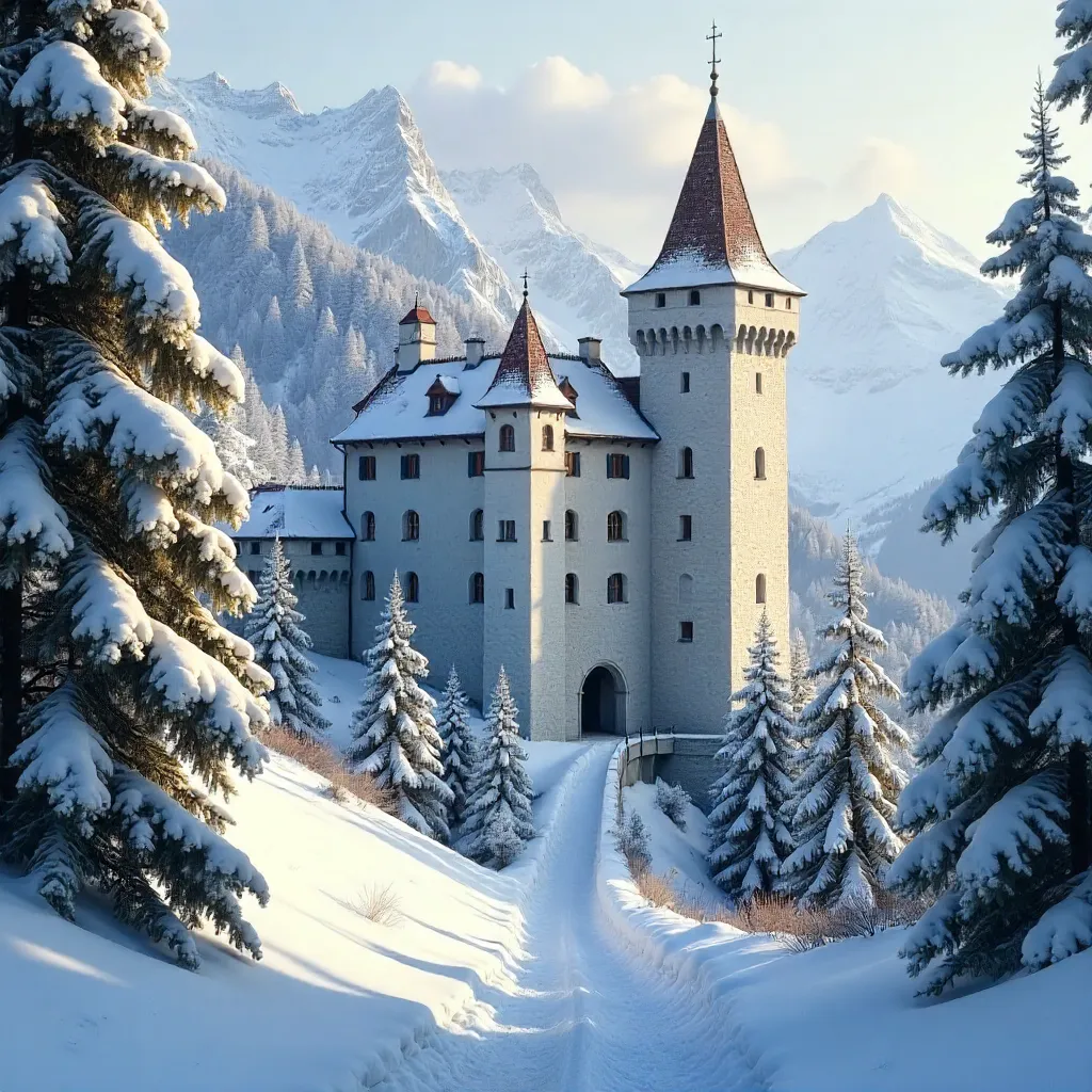 Snowy Burg Taufers Castle Amid Pine Forest