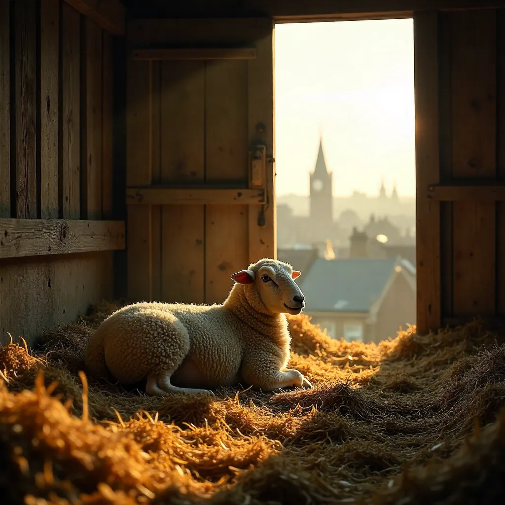 Sunlit Sheep Resting in a London Barn with Golden Straw