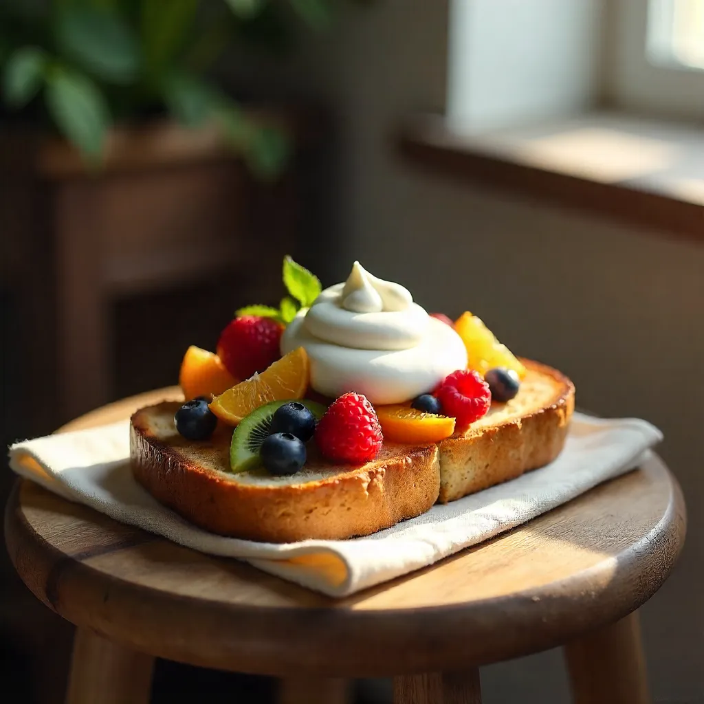 Creamy Fruit Toast on Rustic Wooden Stool
