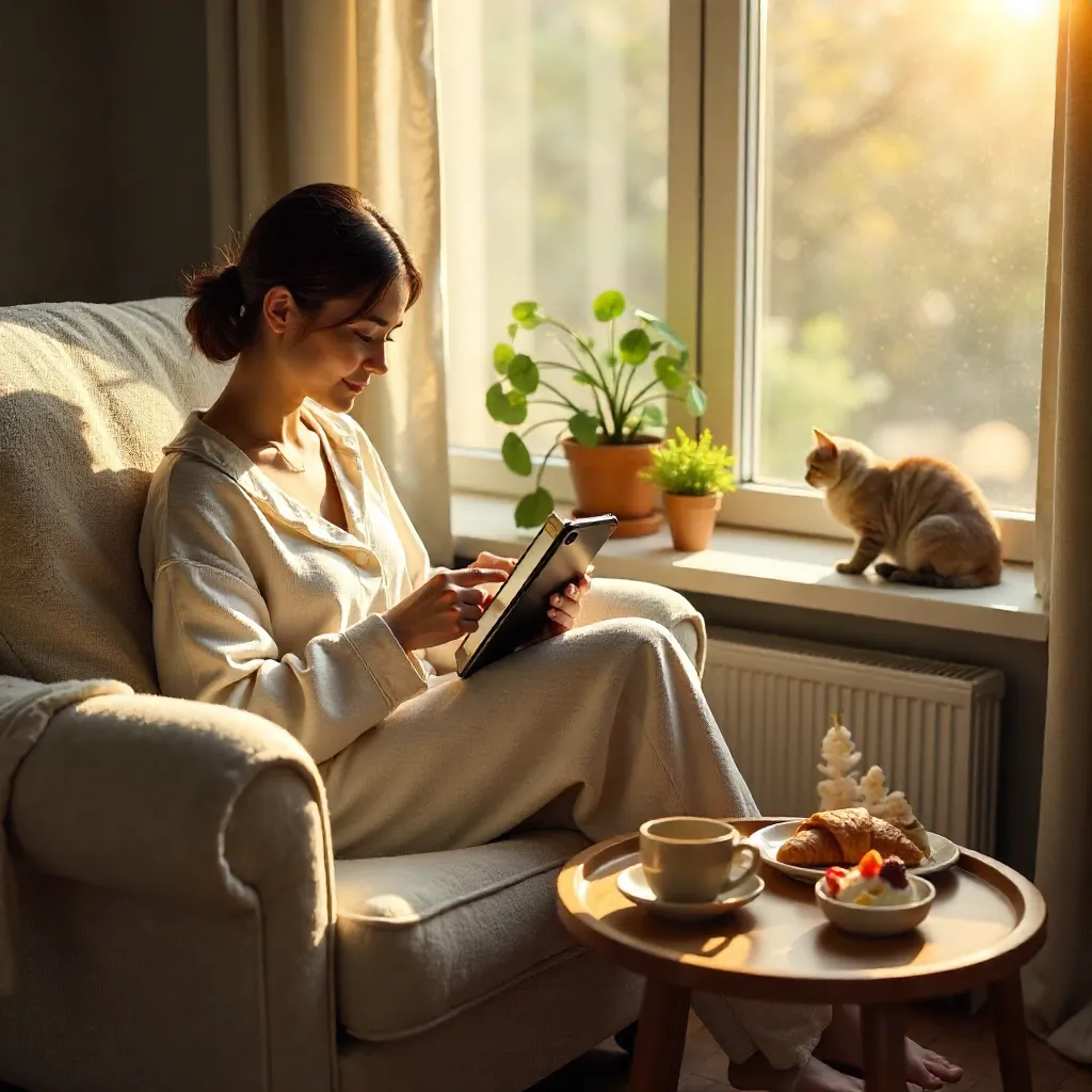 Cozy Morning: Tablet Gaming and Breakfast