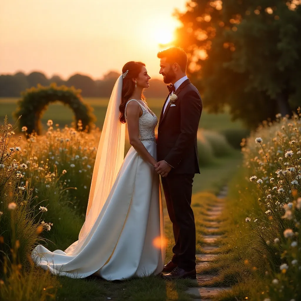 Couple in Elegant Wedding Attire at Sunset